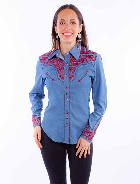 Ladies' Scully Western Gunfighter Shirt Blue with Cranberry Front