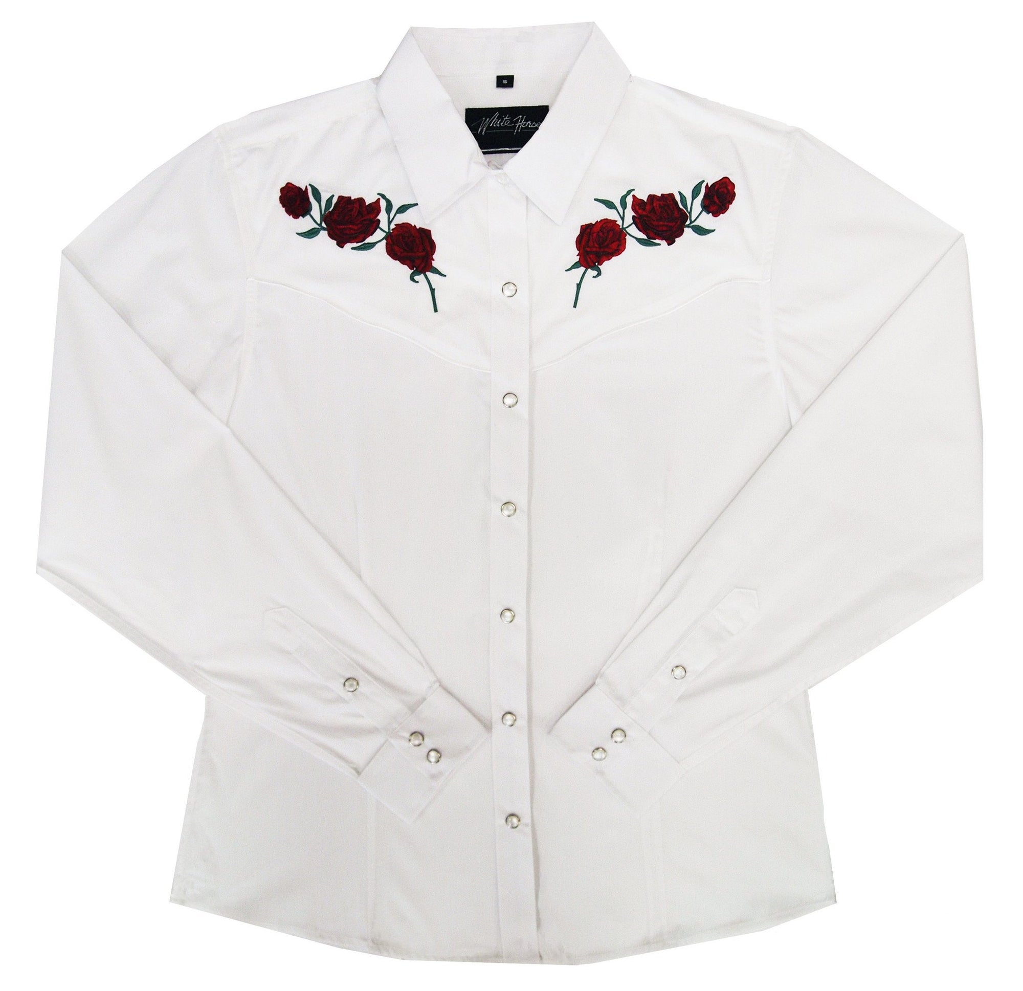 White Horse Apparel Women's Western Shirt White with Red Roses