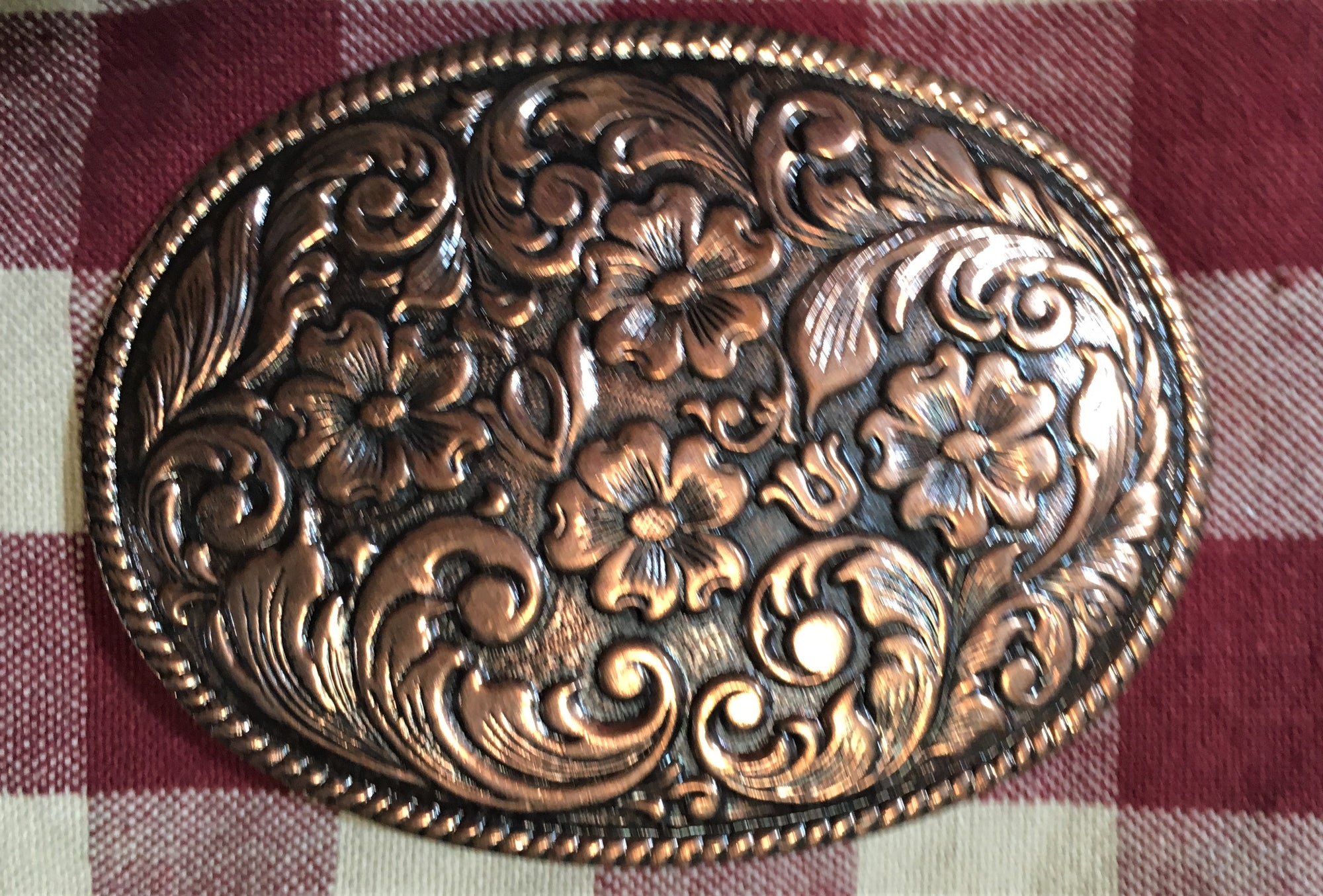 Trophy Buckle Oval with Dark Background and  Copper Tone Flowers