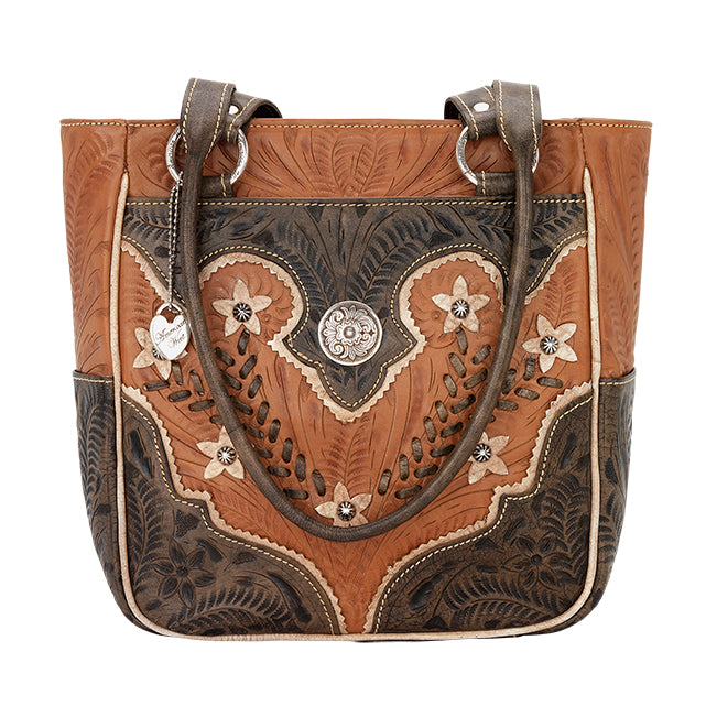 American West Handbag Wildflower Collection: Zip Top Shoulder Ivory Flowers Natural Tan Front