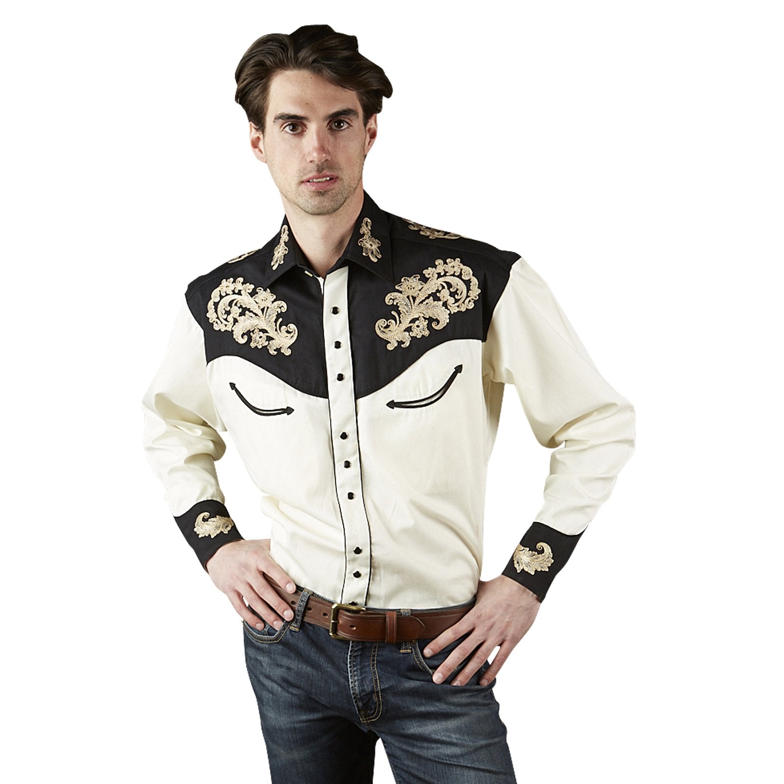 Rockmount Ranch Wear Men's Vintage Western Shirt Tan Floral on Black and Ivory Front
