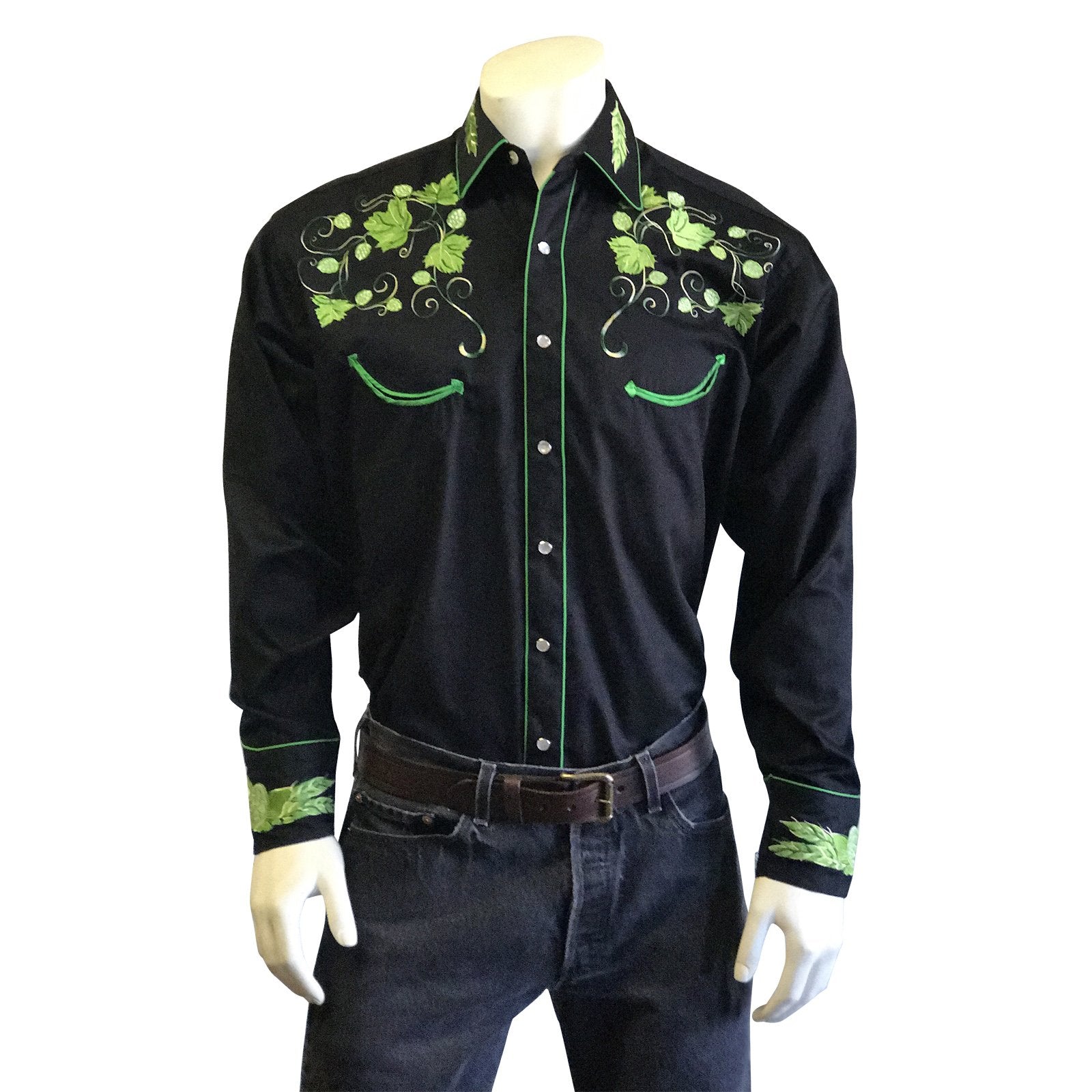 Vintage Inspired Western Men's Shirt Rockmount Ranch Wear Hops Black Front Untucked