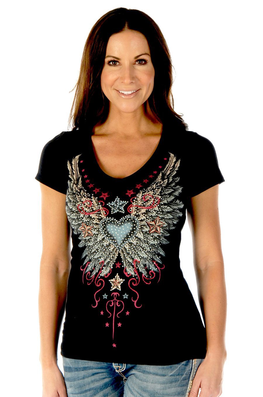 Liberty Wear Women's T-Shirt Vintage Heart & Wings Black Front View