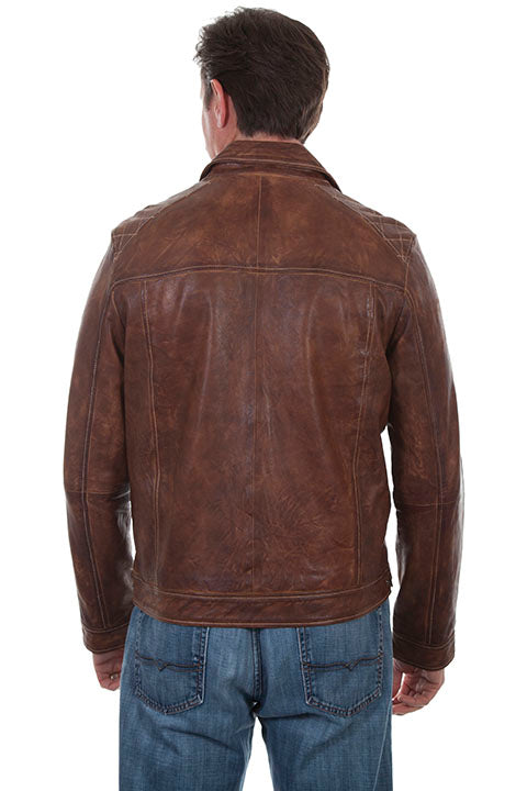 Scully Men's Leather Jacket Casual Zip with Woven Details Brown Front