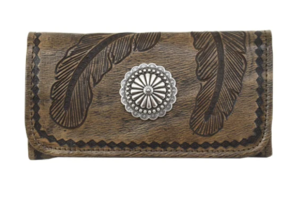American West Handbag Sacred Bird Collection Tri-Fold Wallet Charcoal Brown and Turquoise Front