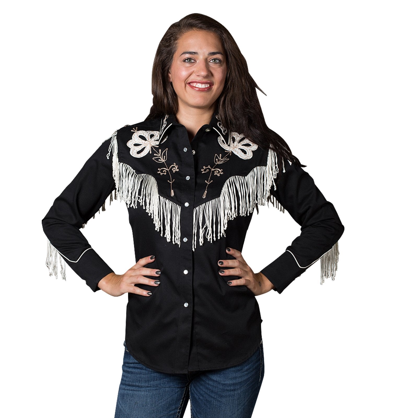 Vintage Inspired Western Shirt Ladies Rockmount Fringe Black on Model Front View