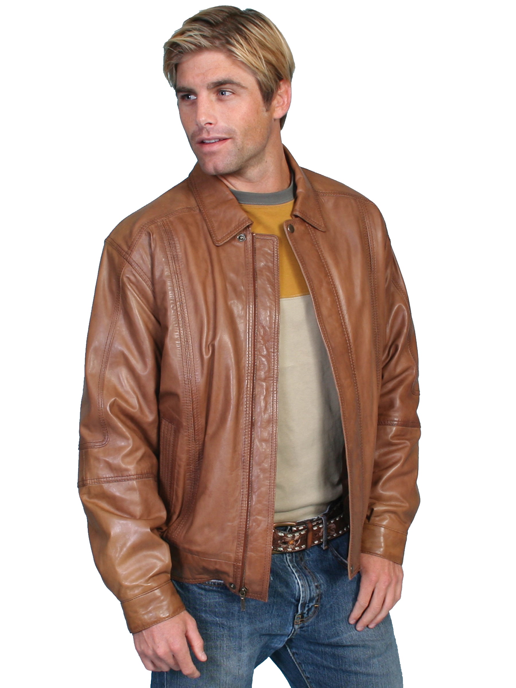 Scully Men's Leather Jacket Lambskin Zip Front Cognac Tan Front