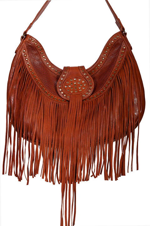 Scully Leather Shoulder Hobo Bag with Fringe and Studs Front