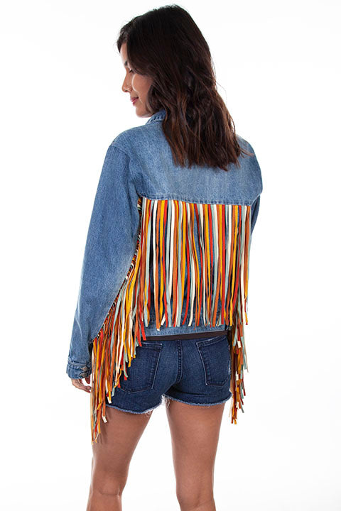 Scully Ladies' Honey Creek Denim Jacket Colorful Fringe Front #HC599