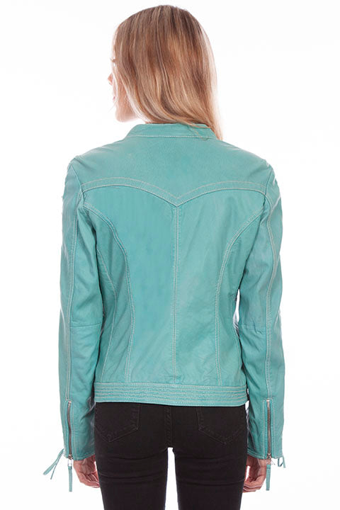 Scully Ladies' Leather Jacket Laced Sleeve Blue River Front