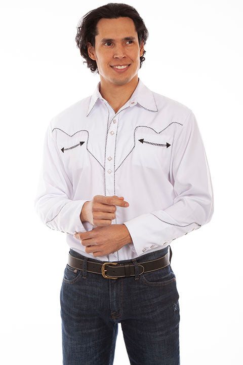 Vintage Inspired Western Shirt Scully Mens White with Black Trim Front 