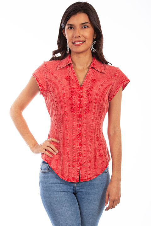 Scully Cantina Collection Womens Cap Sleeve Cotton Top with Soutache Trim Brick Front View
