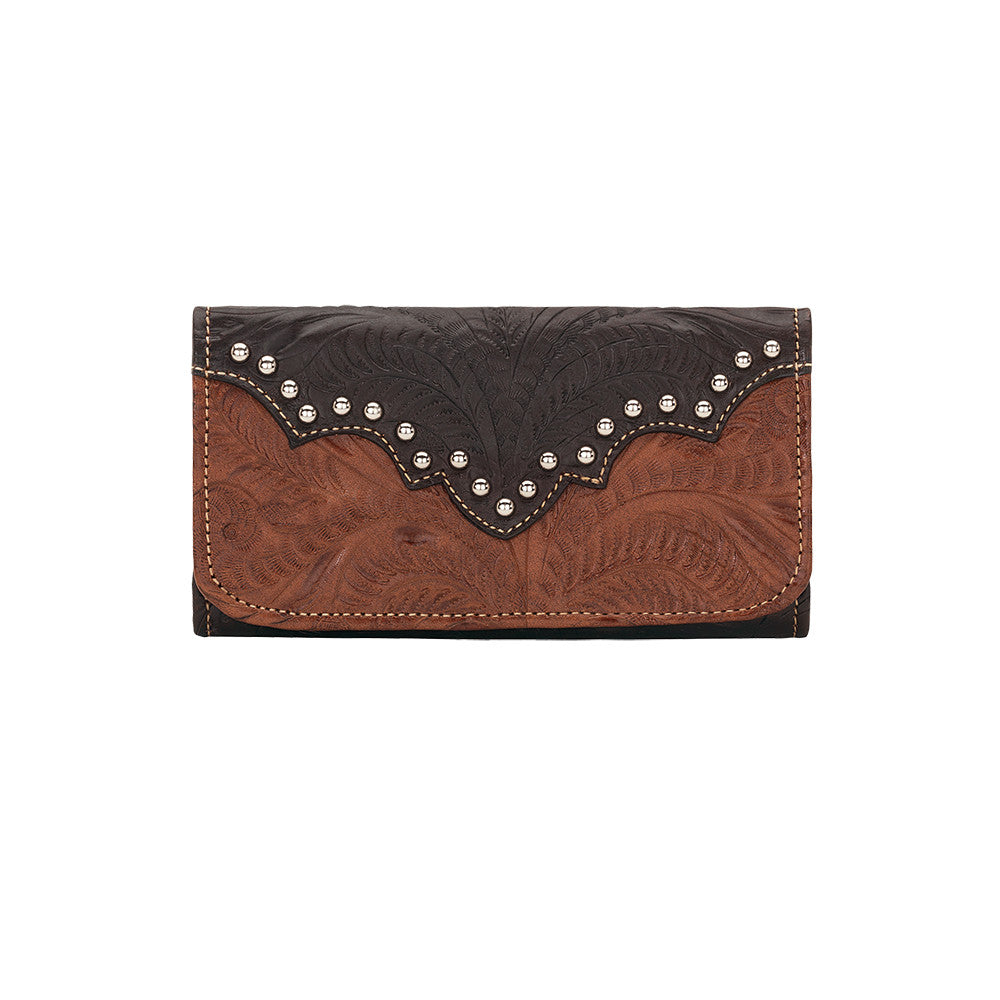 American West Handbag, Annie's Secret, Tri-Fold Wallet, Tooled, Front Antique Brown
