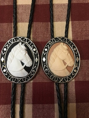 Rockmount Ranch Wear Bolo Necktie Cameo Horsehead on Black and Tan Background