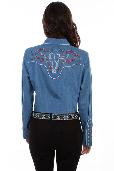 Scully Ladies' PL-879 Vintage Western Floral Embroidered Denim Shirt Front