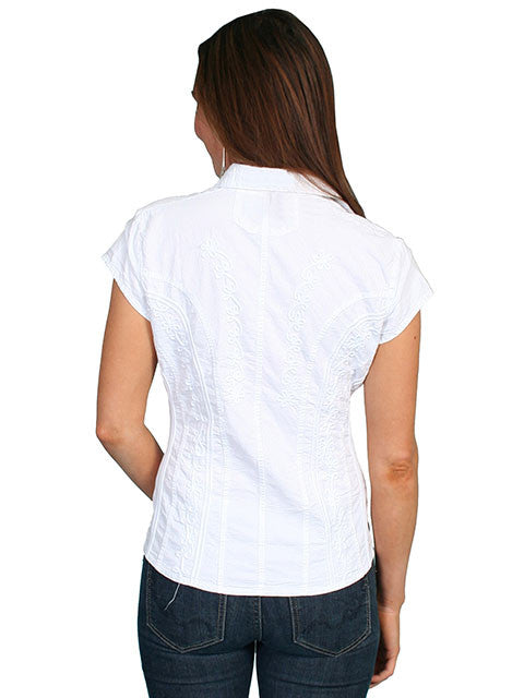 Scully Cantina Collection Womens Cap Sleeve Cotton Top with Soutache Trim White Front View