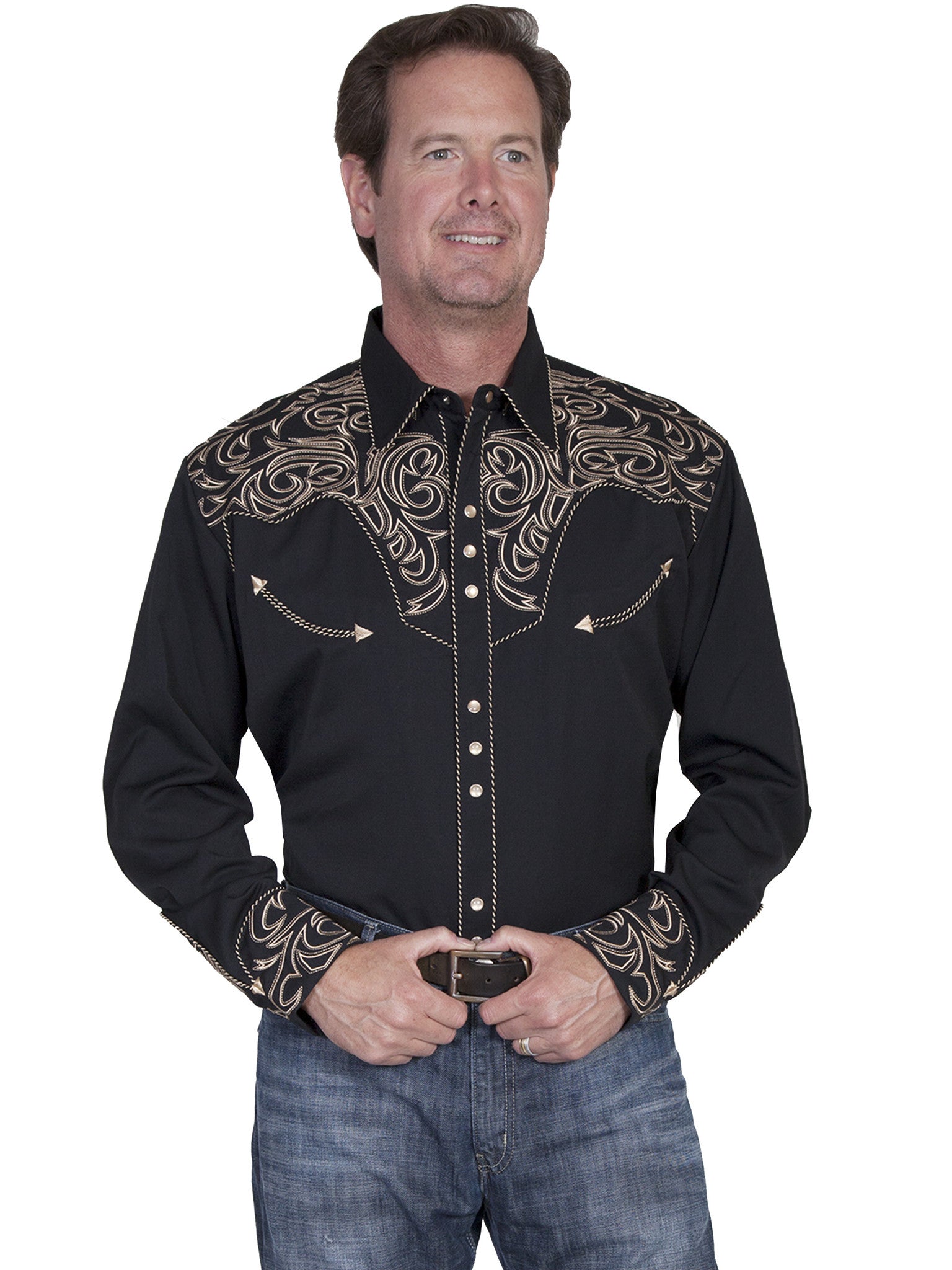 Vintage Inspired Western Shirt Mens Scully Scroll Black Front
