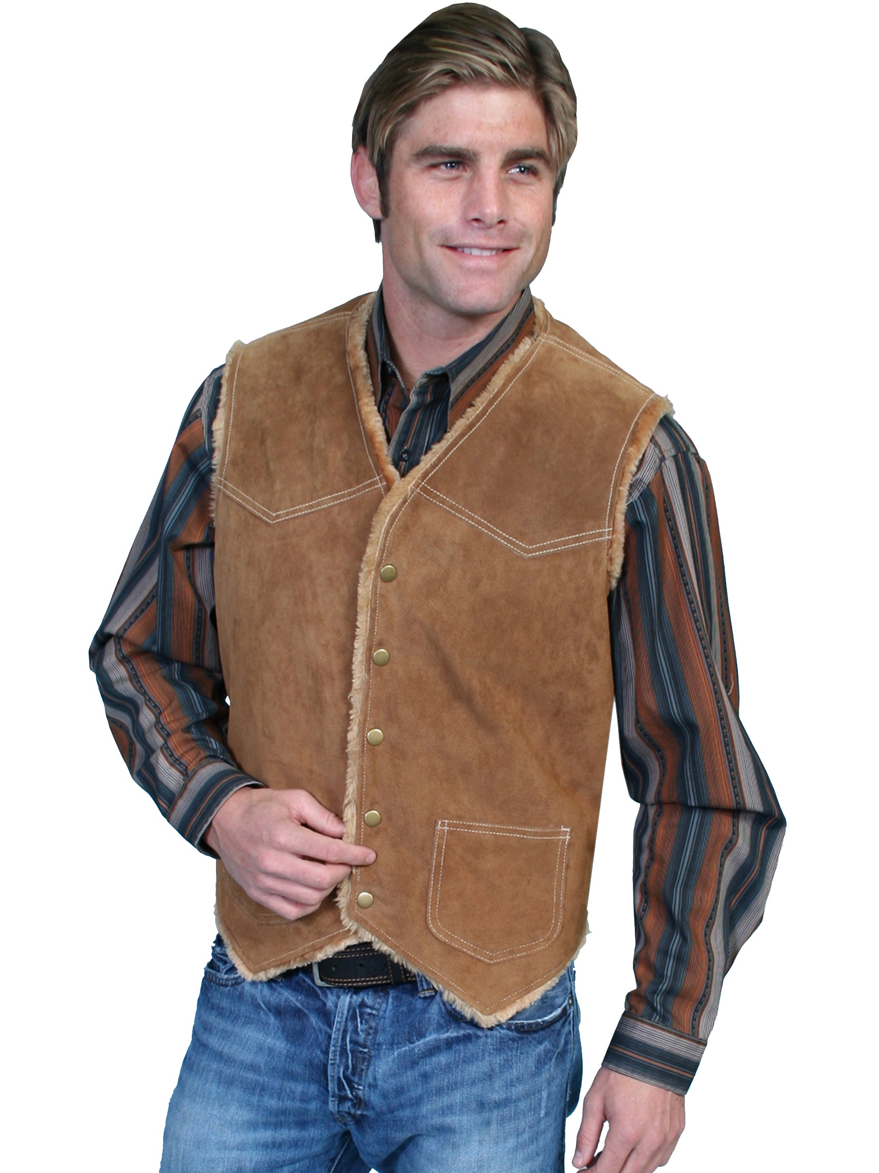 Scully Men's Old West Suede Hunting Vest with Faux Fur Shearling Lining Cafe Brown Front