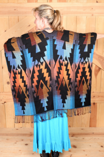 Rhonda Stark Italian Acrylic Knit Shawl Thunderbird Pattern with Fringe