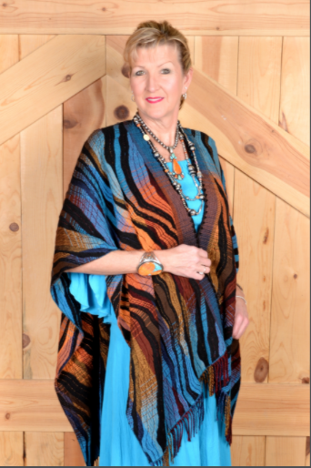 Rhonda Stark Italian Acrylic Knit Shawl Turquoise Wave Pattern with Fringe, Back