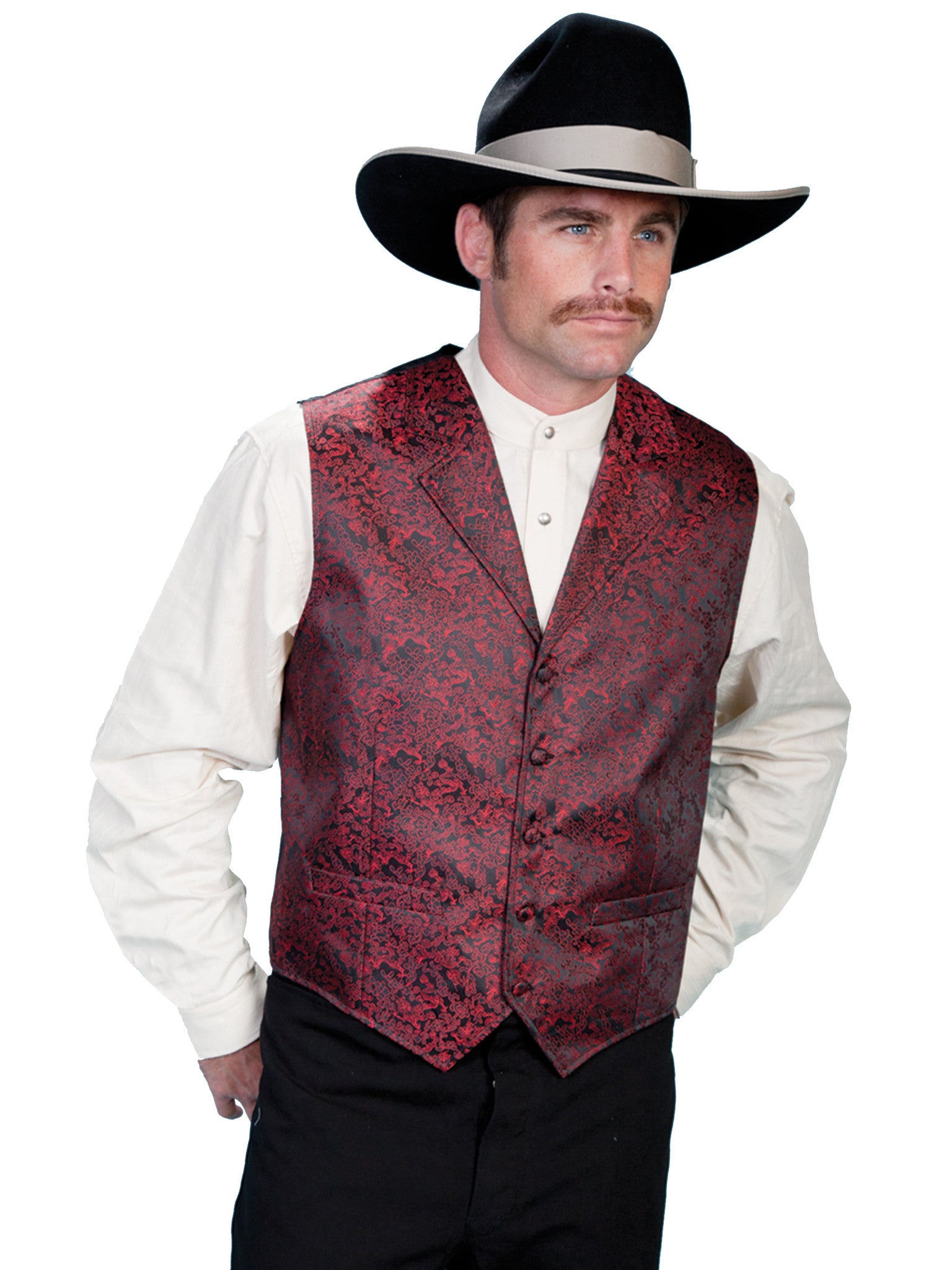 Scully Mens Old West Rangewear Vest with Dragon Print Red