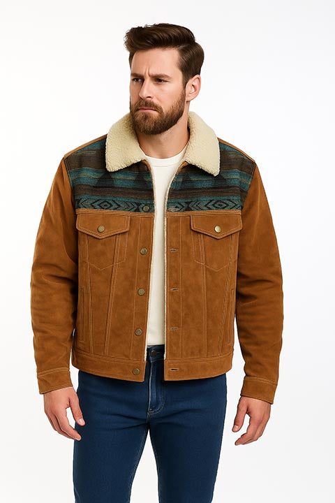 Men's Scully Suede Jean Jacket with Decorative Knit Inset Chocolate Front