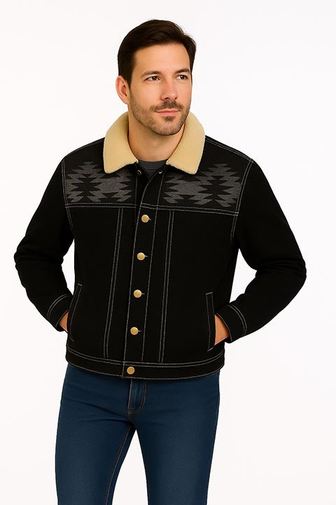 Men's Scully Suede Jean Jacket with Decorative Knit Inset Black Front