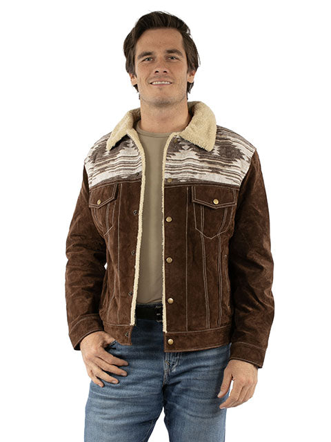 Men's Scully Suede Jean Jacket with Decorative Knit Inset Chocolate Front