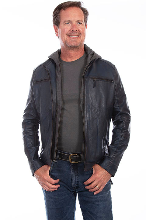 Scully Men's Leather Jacket with Zip Out Front and Hood  Denim