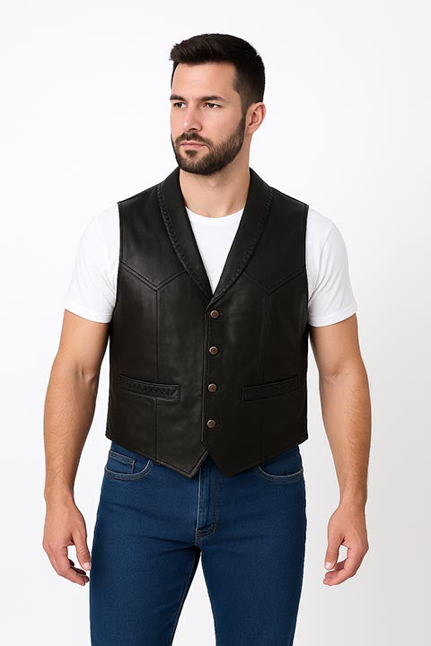 Men's Scully Leather Vest Whip Stitch Lapels Black Front