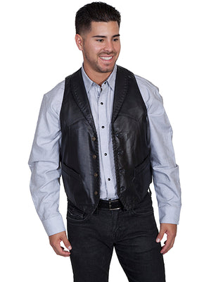 Men's Scully Leather Vest Whip Stitch Lapels Black Front