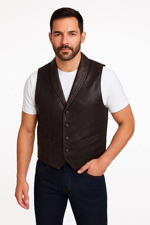 Men's Scully Leather Vest Whip Stitch Lapels Brown Buff Front