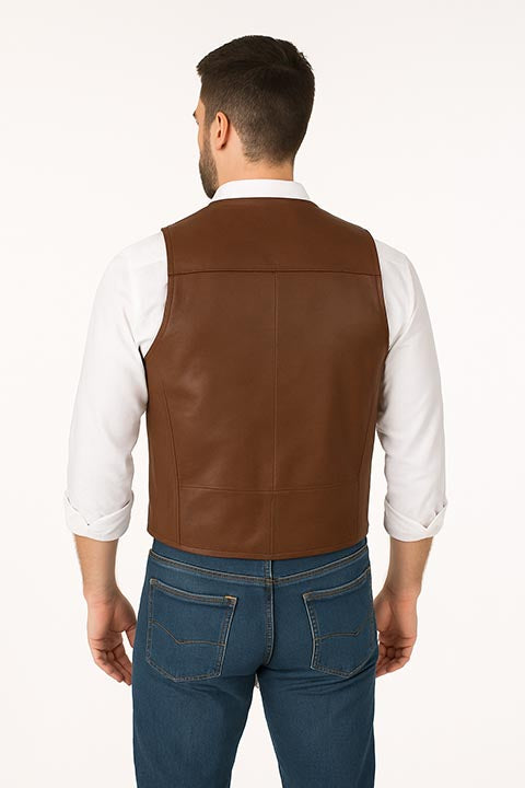 Men's Scully Leather Vest Whip Stitch Lapels Ranch Tan Back
