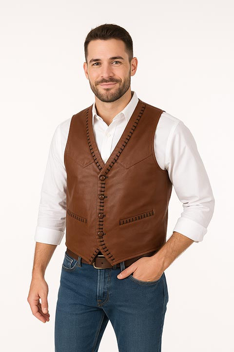 Men's Scully Leather Vest Whip Stitch Lapels Ranch Tan Front