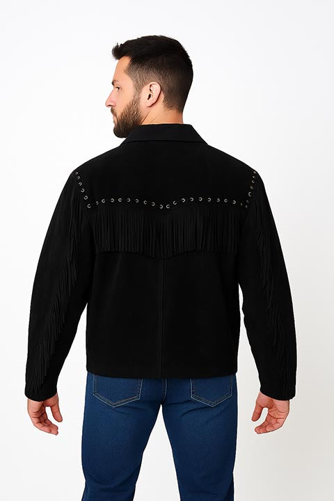 Men's Scully Suede Western Short Jacket with Fringe Black Back
