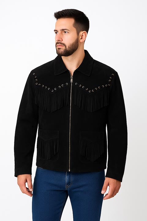 Men's Scully Suede Western Short Jacket with Fringe Bourbon Front