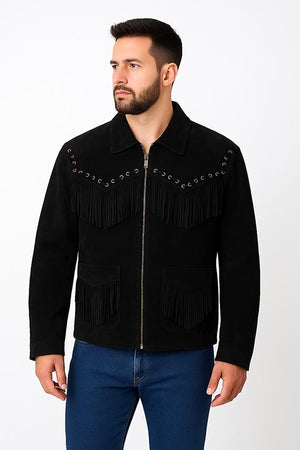 Men's Scully Suede Western Short Jacket with Fringe Black Front