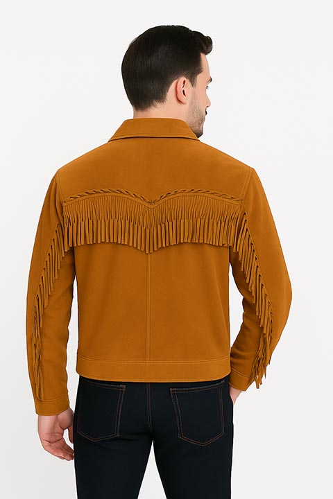 Men's Scully Suede Western Short Jacket with Fringe Bourbon Back