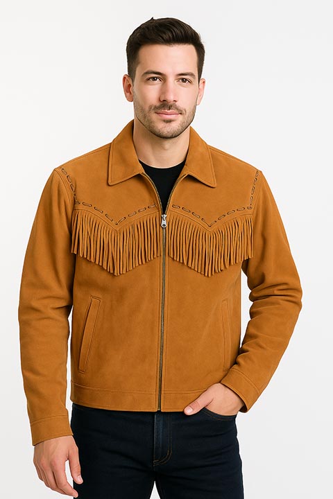 Men's Scully Suede Western Short Jacket with Fringe Bourbon Front