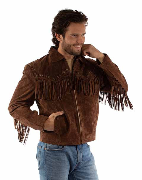 Men's Scully Suede Western Short Jacket with Fringe Front Brown