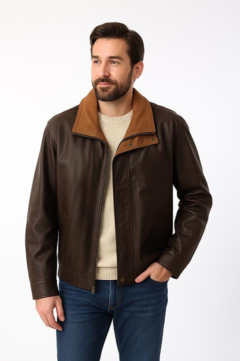 Scully Mens Featherlite Leather Jacket, Chocolate/Cognac Front View