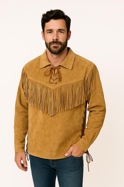 Scully Men's Old West Trapper Shirt, Fringe, Bourbon Front