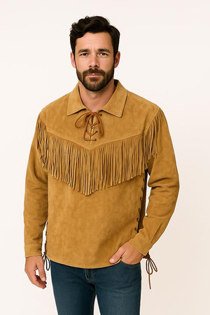 Scully Men's Old West Trapper Shirt, Fringe, Bourbon Front
