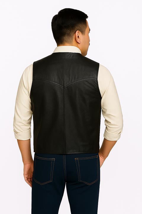 Suclly Men's Leather Vest Button Front Black
