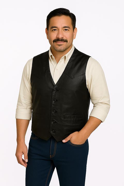 Suclly Men's Leather Vest Button Front Black