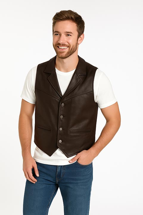 Scully Men's Western Lambskin Vest with Lapels, Snaps, Brown Front View