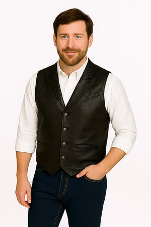 Scully Men's Western Lambskin Vest with Lapels, Snaps, Black Front View