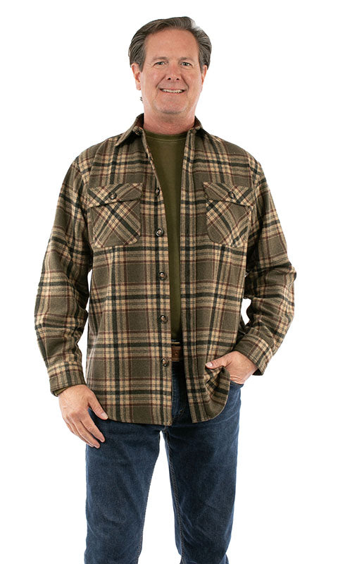 Scully Men's Farthest Point Wool Flannel Plaid Shirt Olive Front