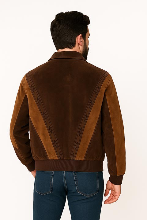 Scully Men's Two Tone Boar Suede Zip Front Jacket Chocolate / Cafe Brown Back