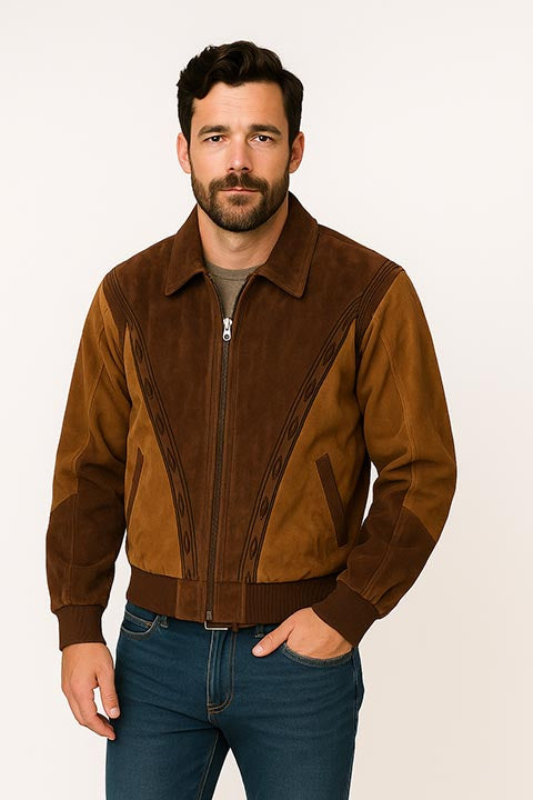 Scully Men's Two Tone Boar Suede Zip Front Jacket Chocolate / Cafe Brown Front